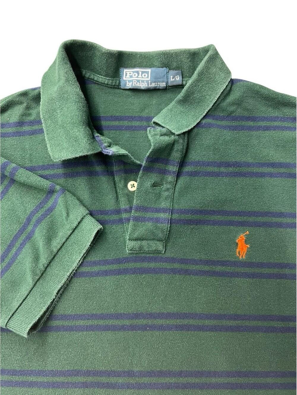 Vintage Polo Ralph Lauren Green Striped Polo Shirt Orange Pony Logo Size Large